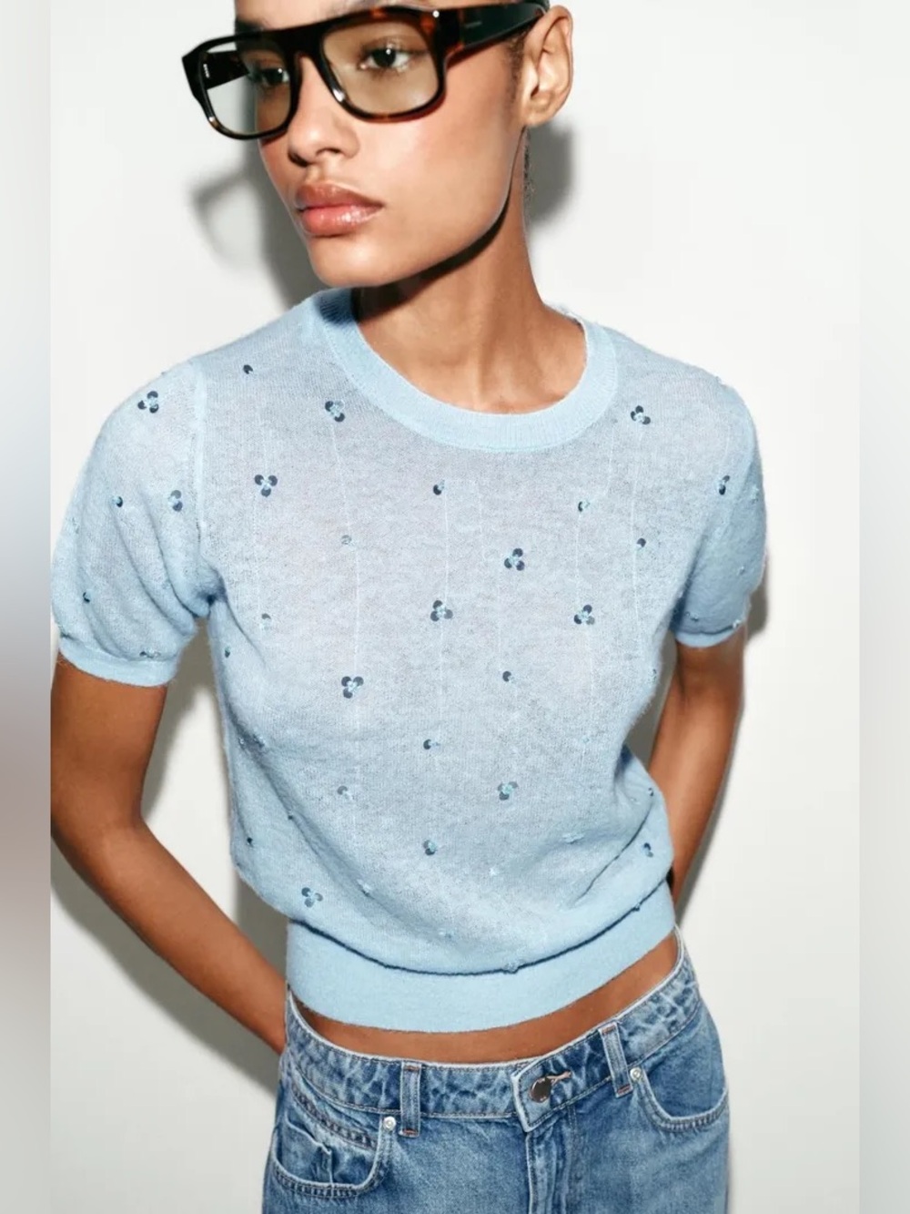 Zara Pale Blue Eyelet Knit Crop Top